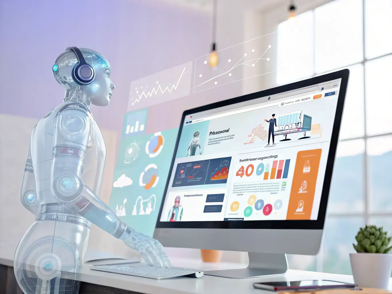 An illustration of AI assistance within Aduma AI Builder, showing AI providing design suggestions and content optimization tips. The AI is depicted as a helpful assistant guiding the user through the website creation process.